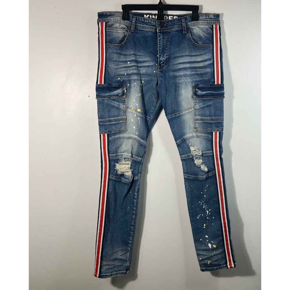Mens Kindred Red Stripe Paint‎ Spatters Jeans 38 x 34 Cotton Spandex Streetwear